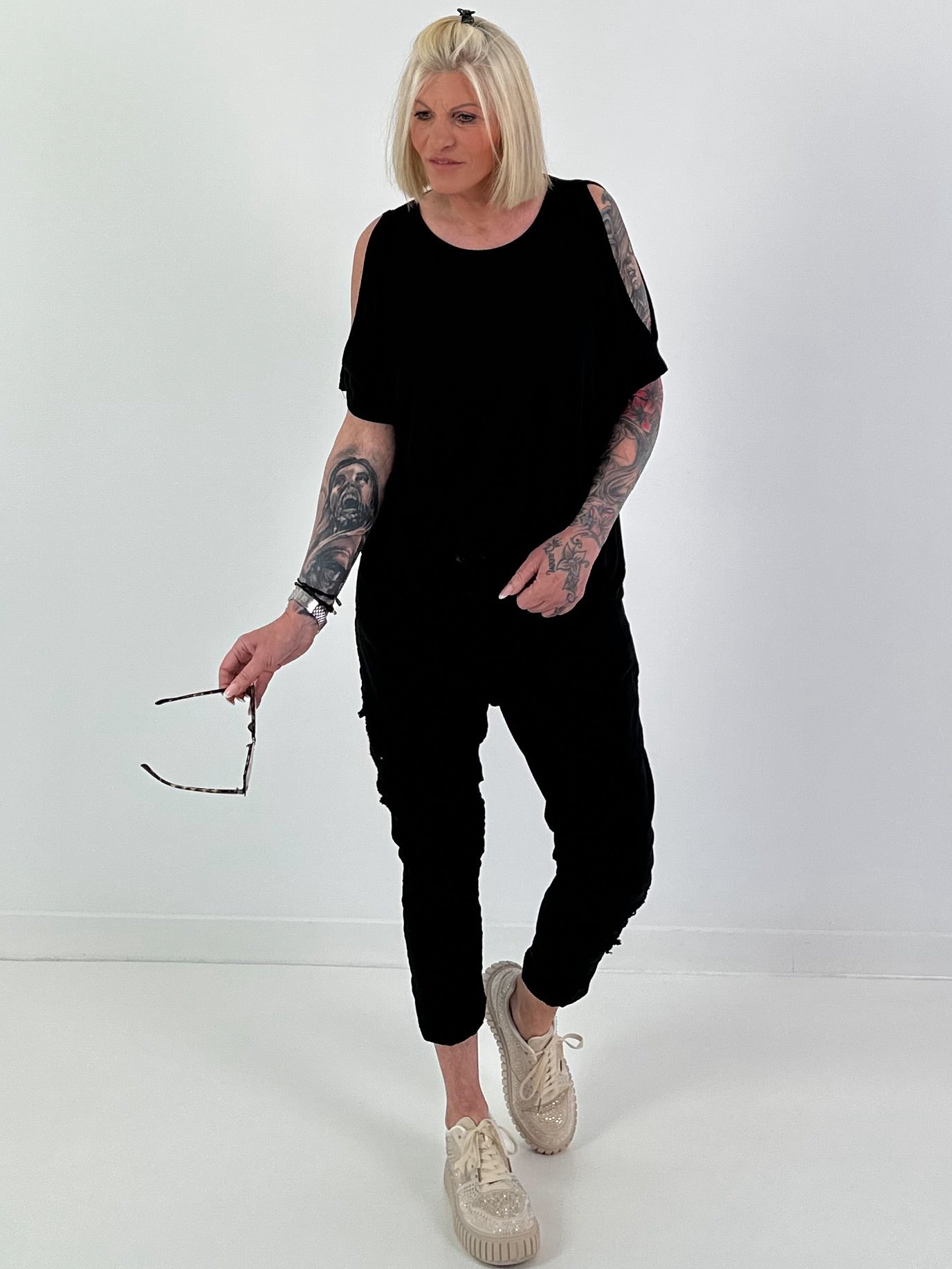 T-Shirt with Cut-Outs - black
