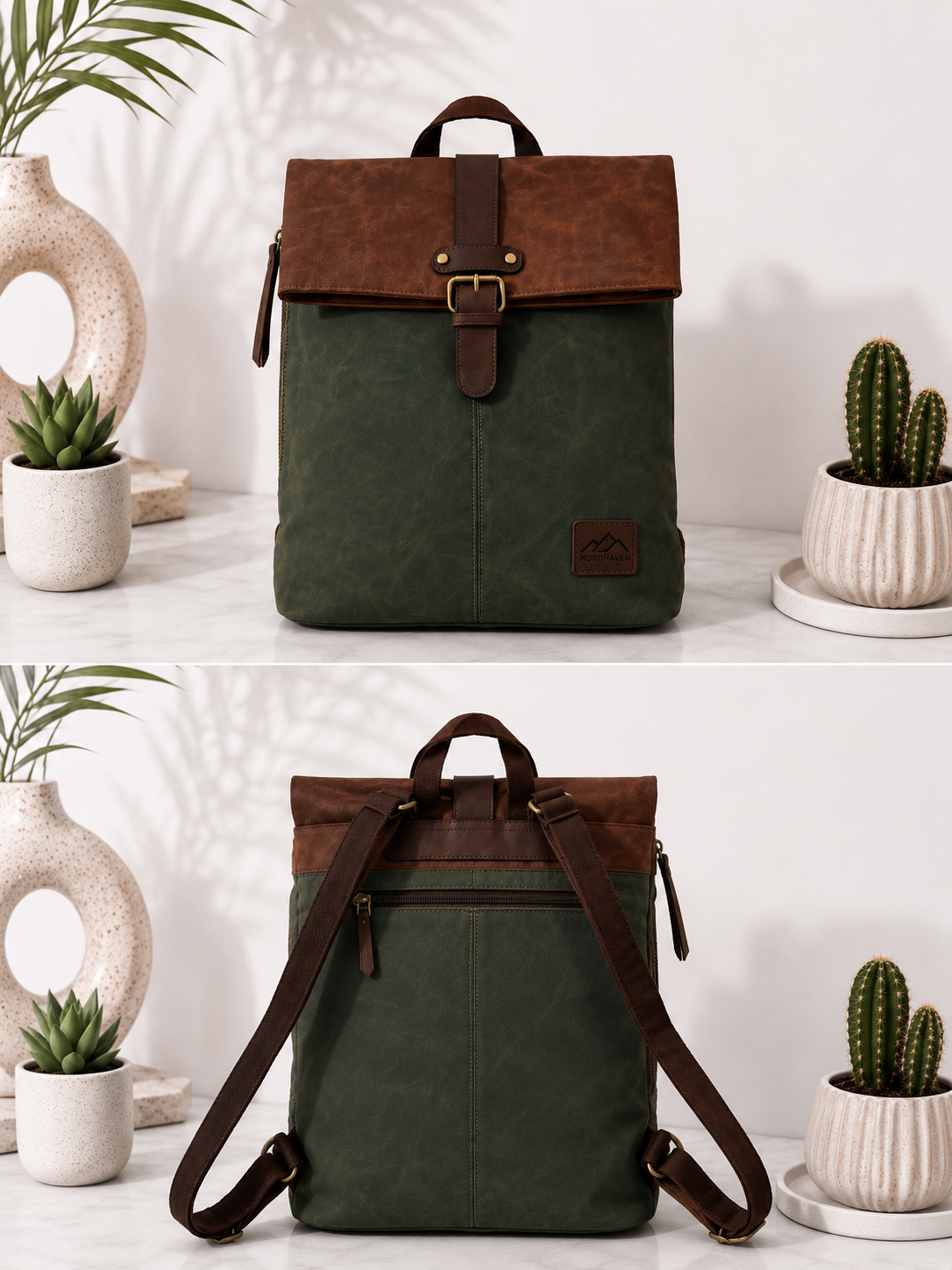 Backpack in Vintage Leather Look - Green - Brown