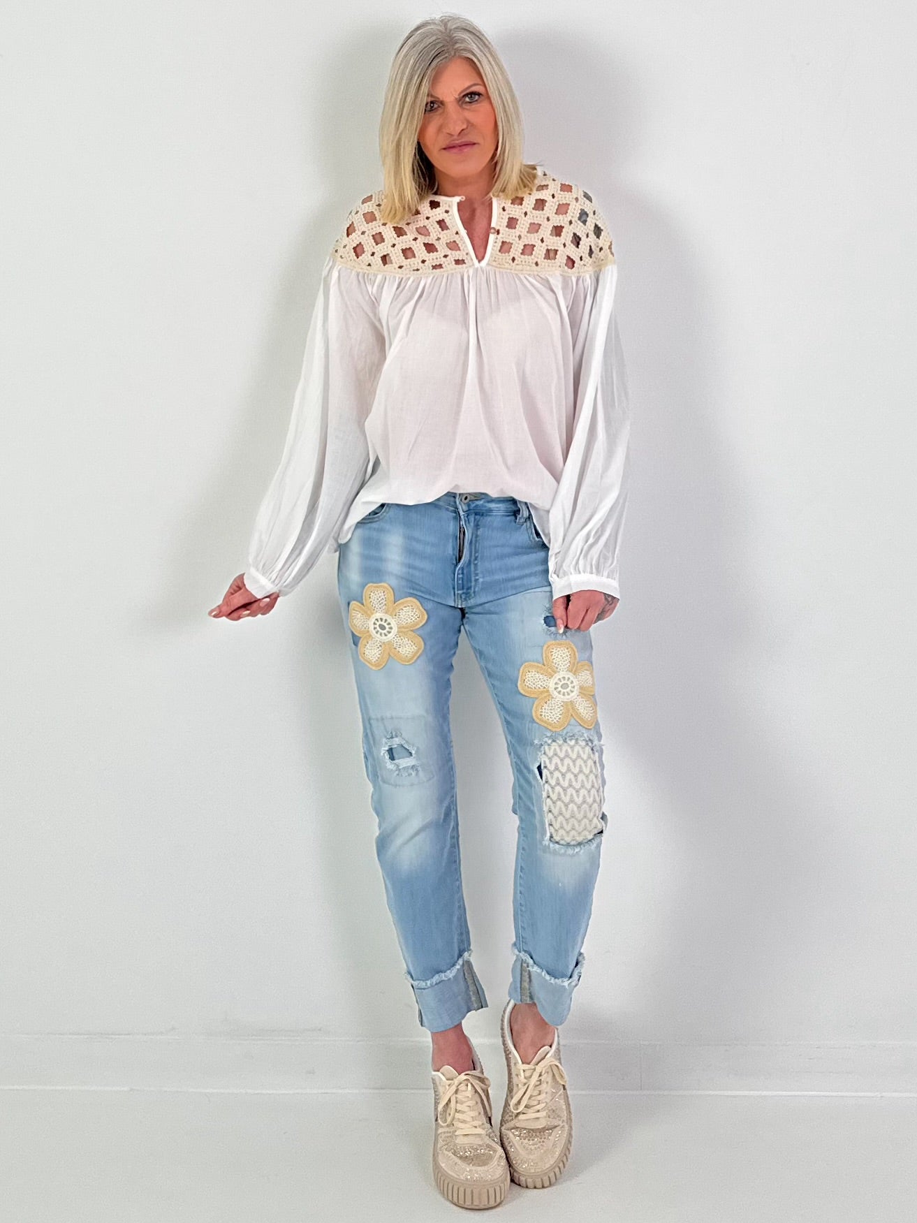 Tunika mit Häkeleinsatz - weiss-beige