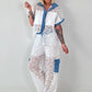 Ausgefallener Zweiteiler mit aufwendigen Denim Details- weiss