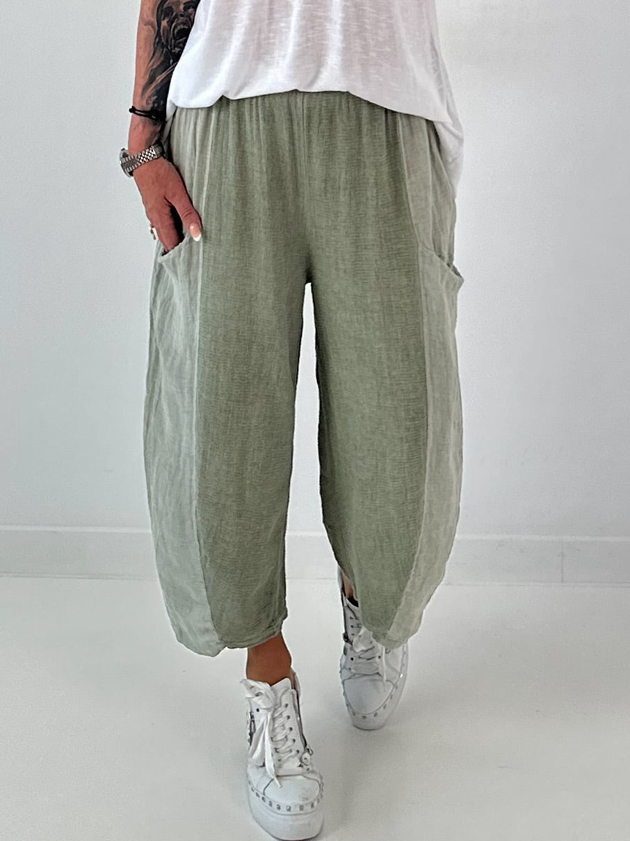 Balloon Linen Trousers with Fringe Details - taupe