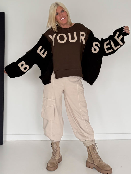 Sweater mit Strickeinsätzen - mokka