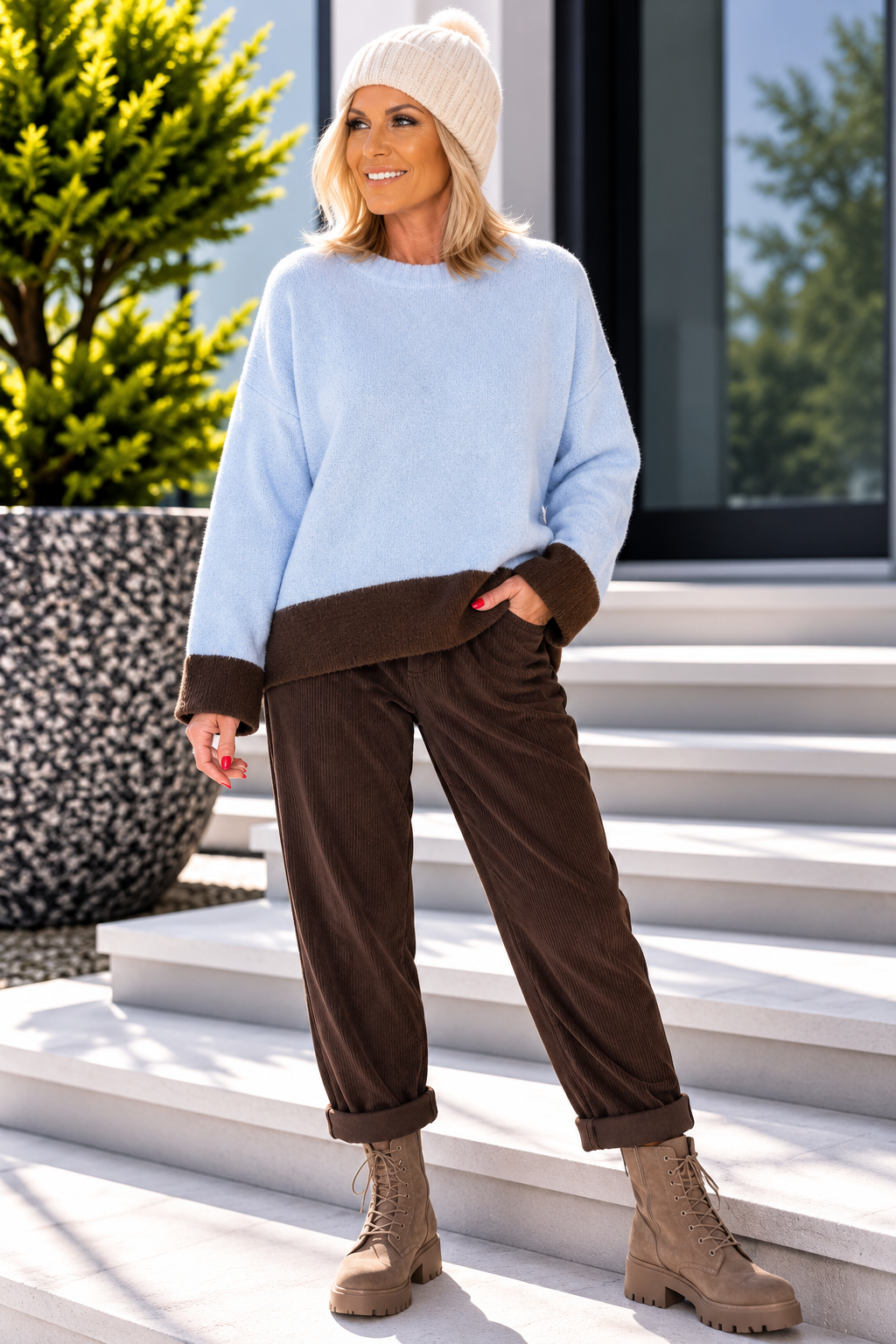 Pullover mit Kontrastsaum - hellblau-mokka
