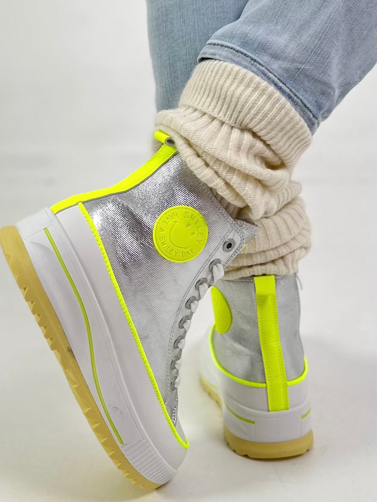 High-top sneaker model "Cat Boost" - silver-neon yellow