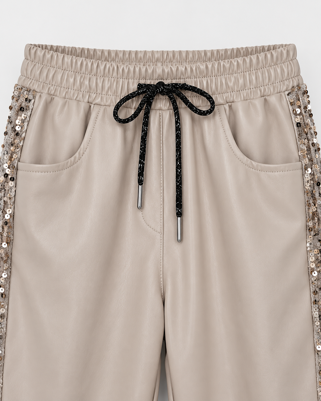 Lässige Hose in Lederoptik mit Pailletten-Applikationen - beige