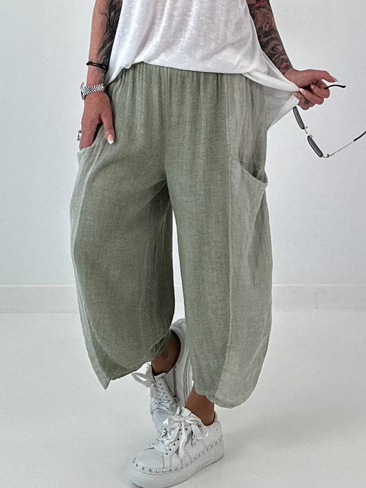 Balloon Linen Trousers with Fringe Details - taupe