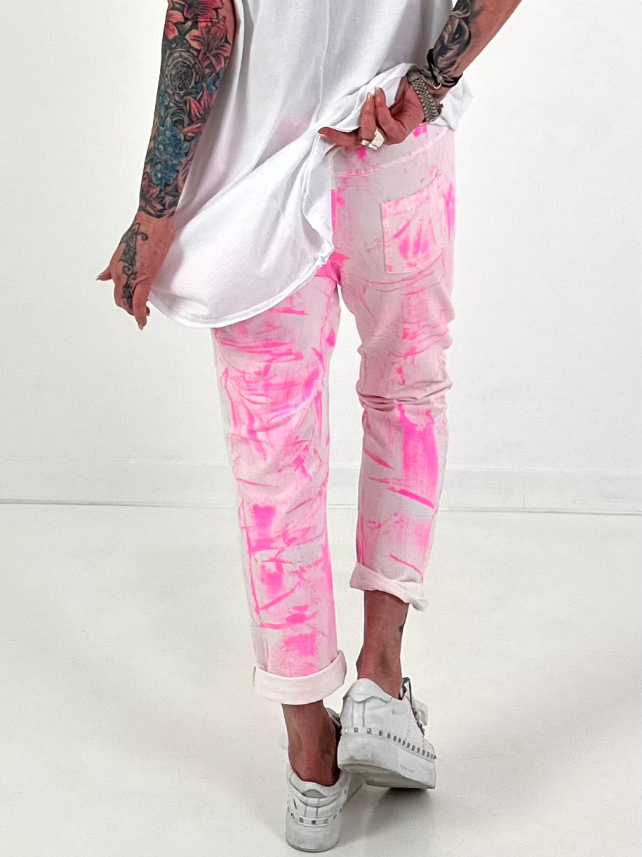 Batik-Hose mit tiefen Taschen - weiss-neonpink