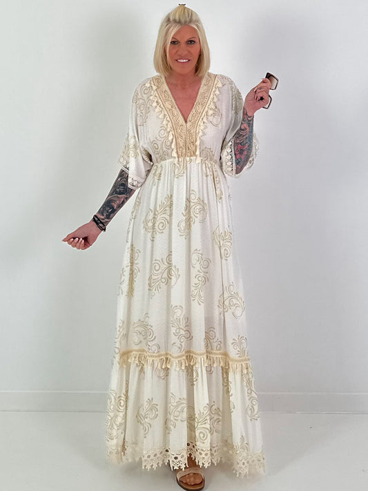 Boho dress with all-over pattern and crochet details - white