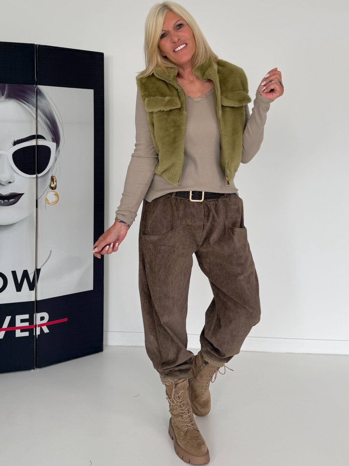 Gilet in behaaglijke bontlook - olijf
