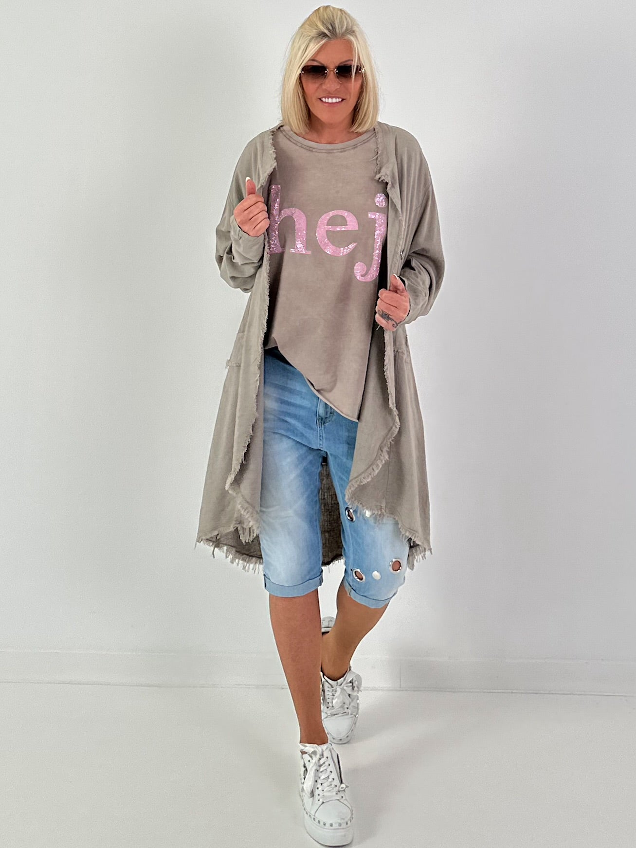 Leinen Kurzmantel mit Ösen - taupe