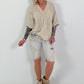 Linen shirt with crocheted flower appliqué - beige