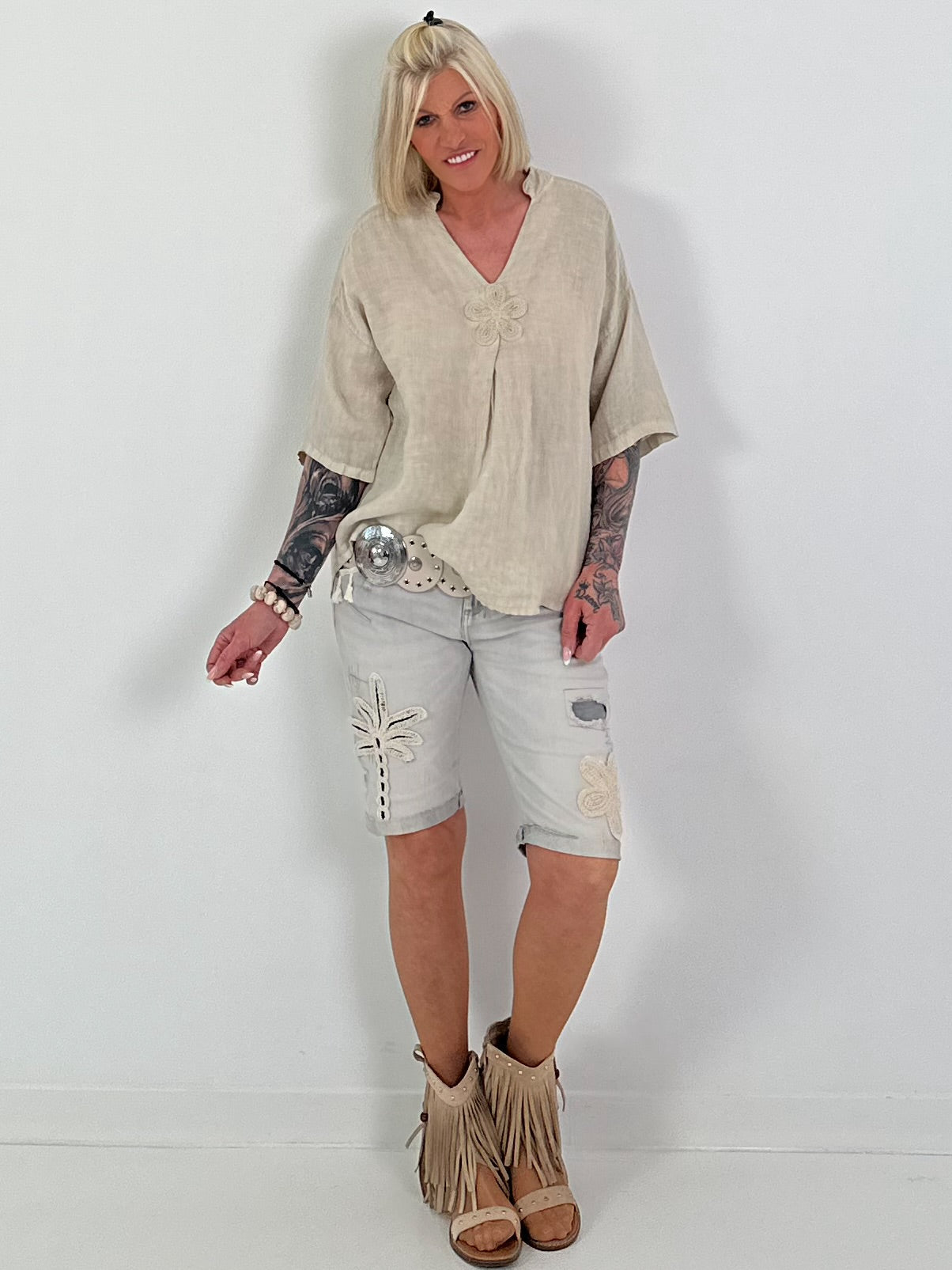 Linen shirt with crocheted flower appliqué - beige