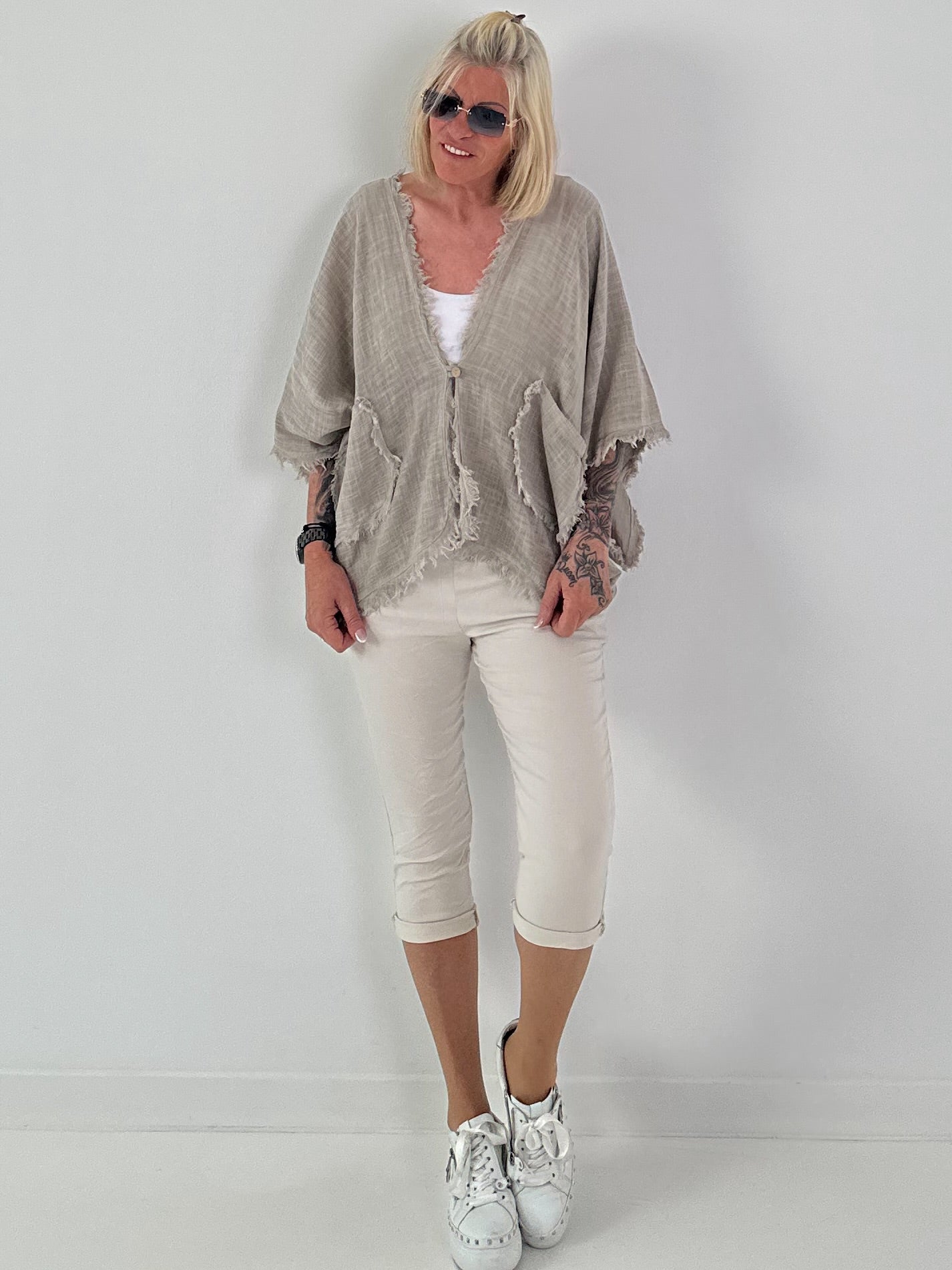 Leinen Poncho Jacke - beige