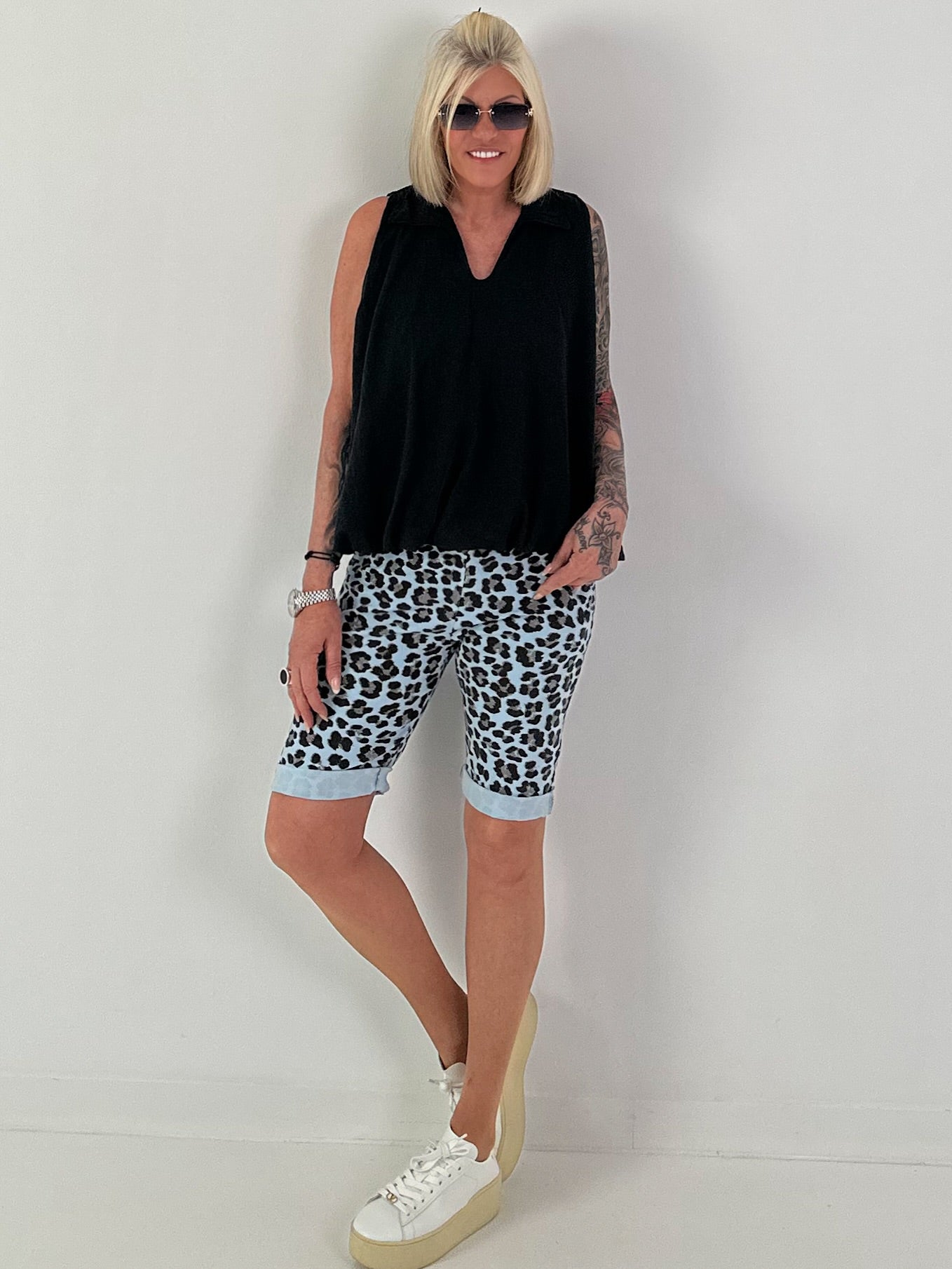 Ballon Blusen Top mit V-Neck - schwarz