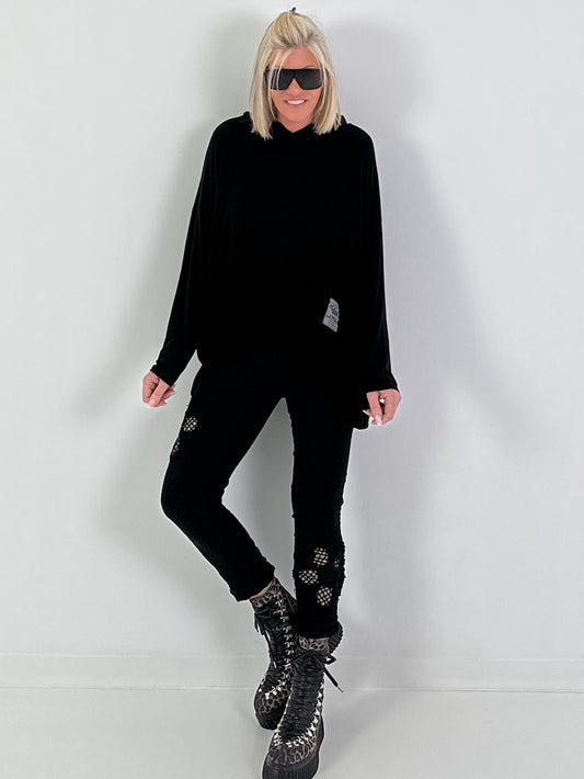 Feinstrick Hoodie - schwarz