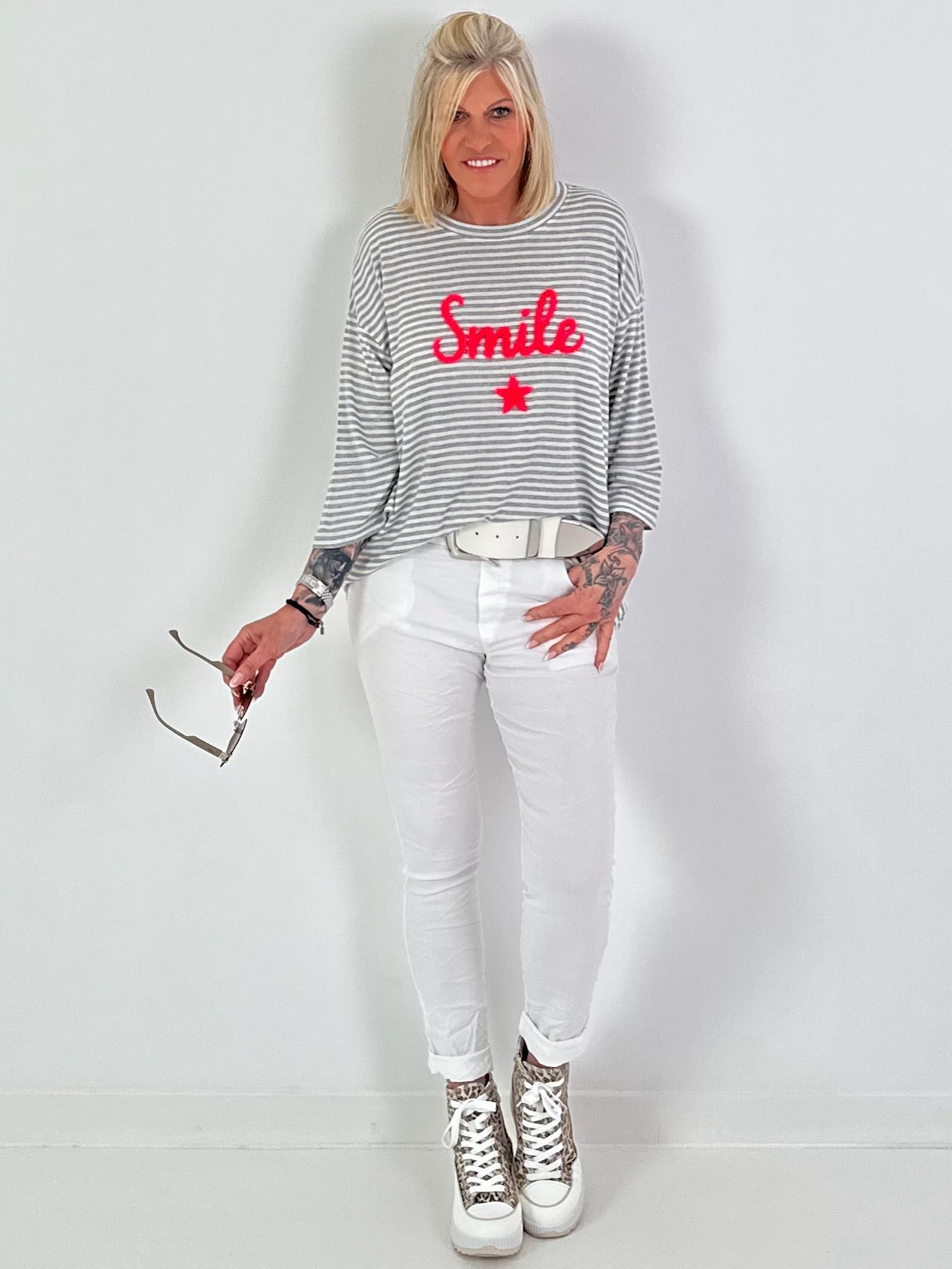 Shirt mit Streifen Smile - grau-weiss