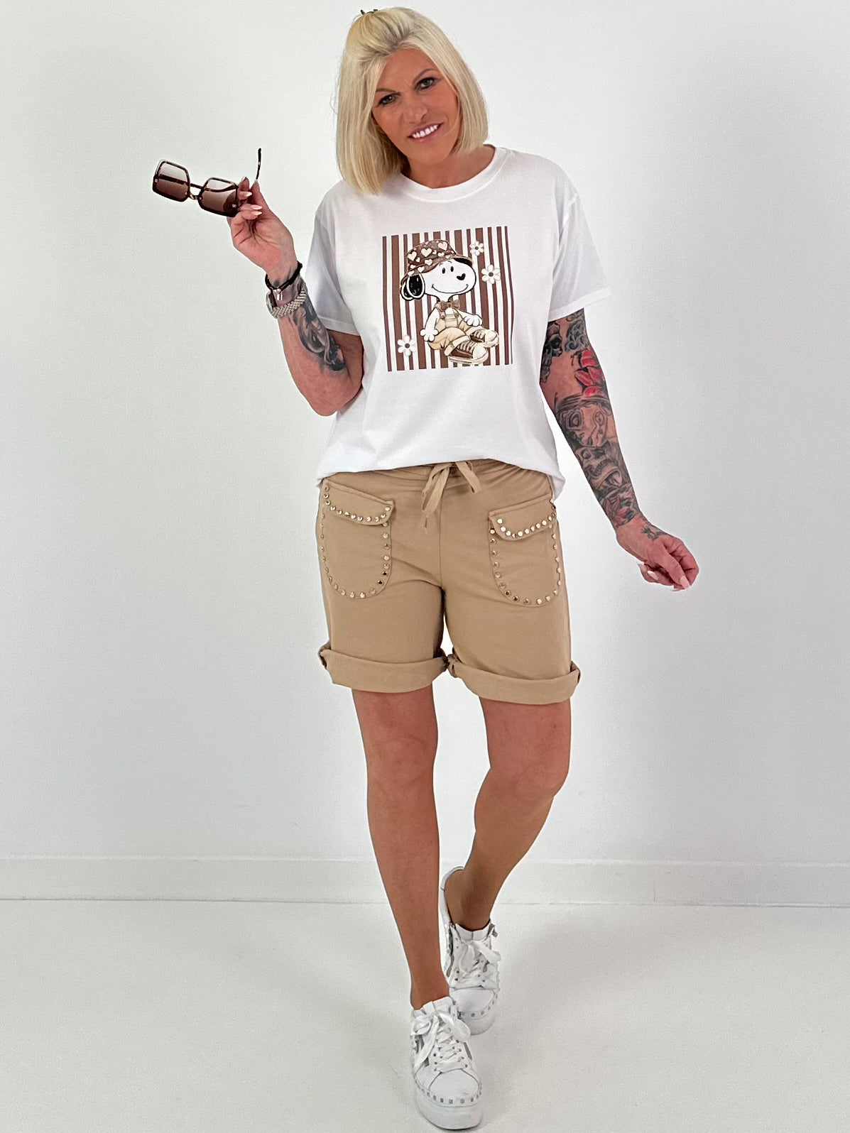 T-Shirt mit Front Comic-Print - weiss-braun