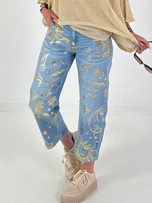 Jeans mit Sonnen-Motiv - denim