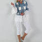 Boho Jeansjacke mit aufwendigen  Details - hellblau-weiss