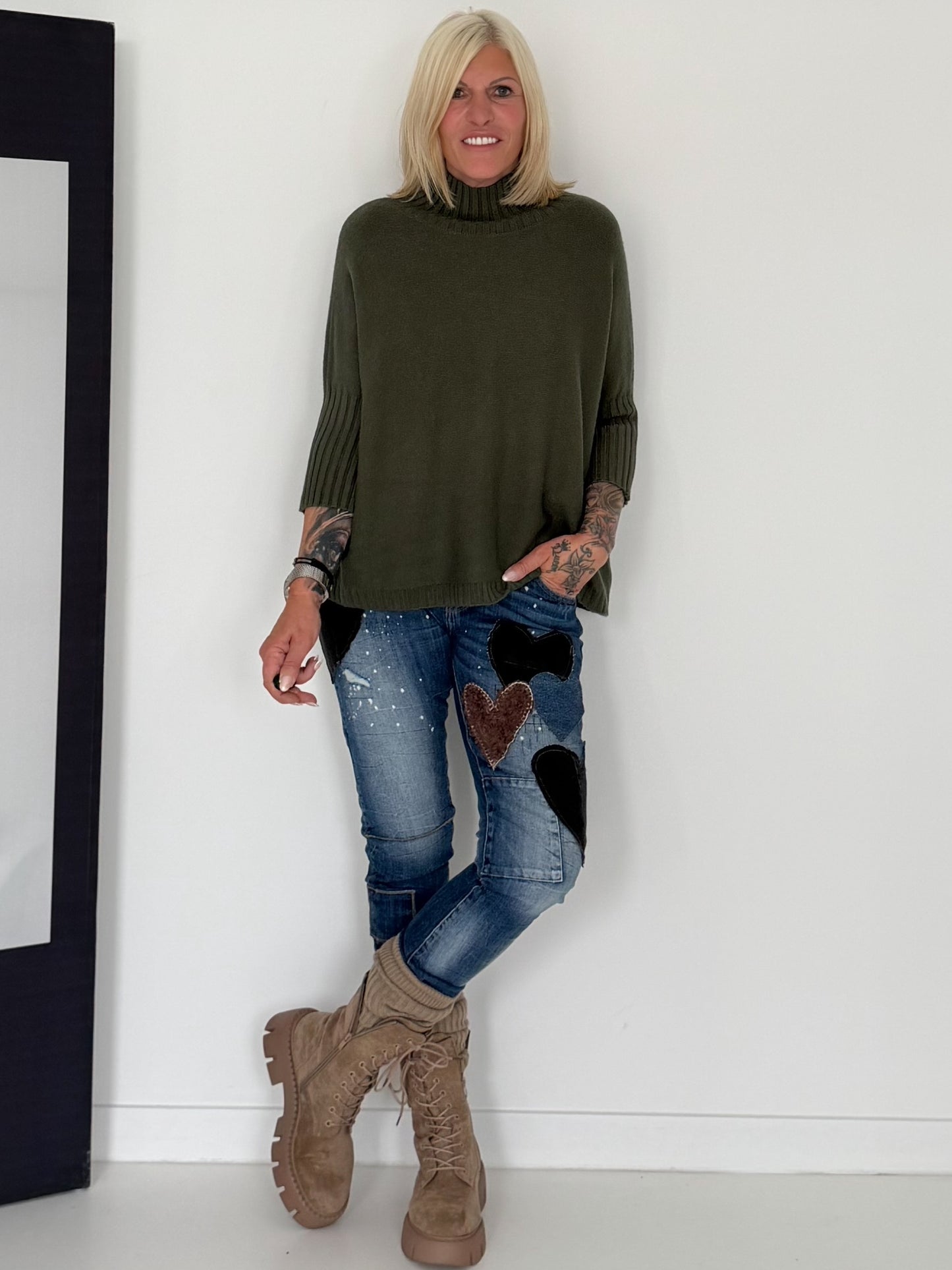 Strickpullover mit Turtleneck - oliv