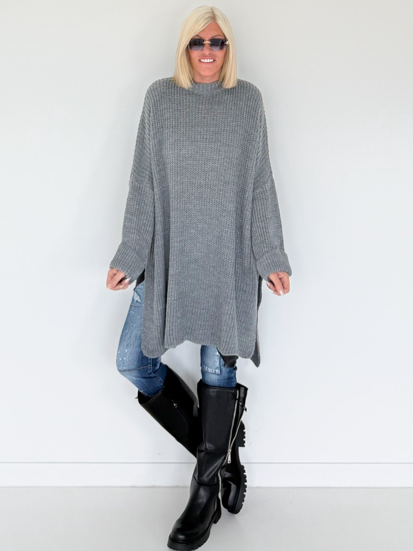 Long Strickpullover - grau