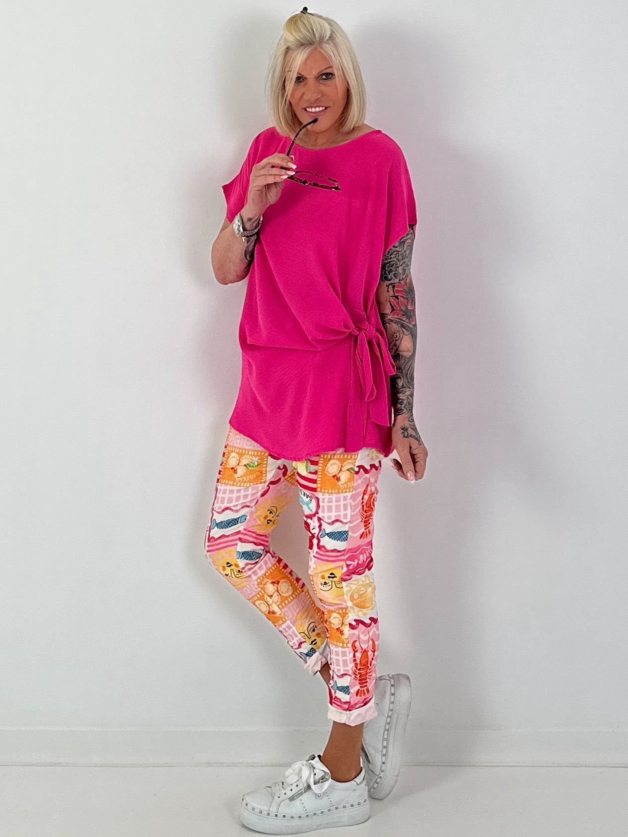 Blusenshirt mit seitlichem Bindeknoten - pink