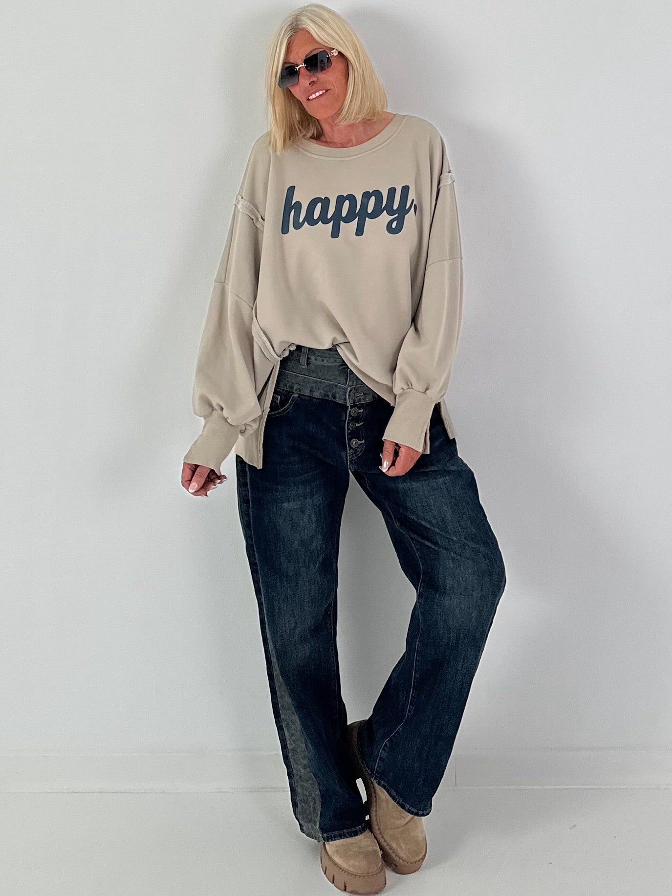 Jeans with double waistband and leopard details - denim-grey