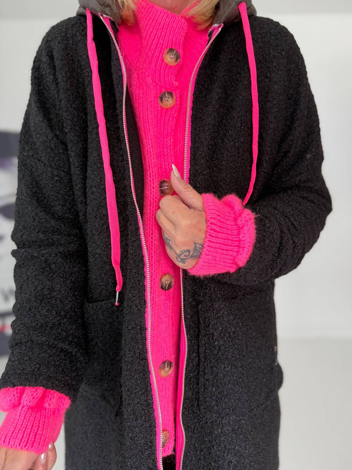 Coat with teddy curl look and neon accents - black