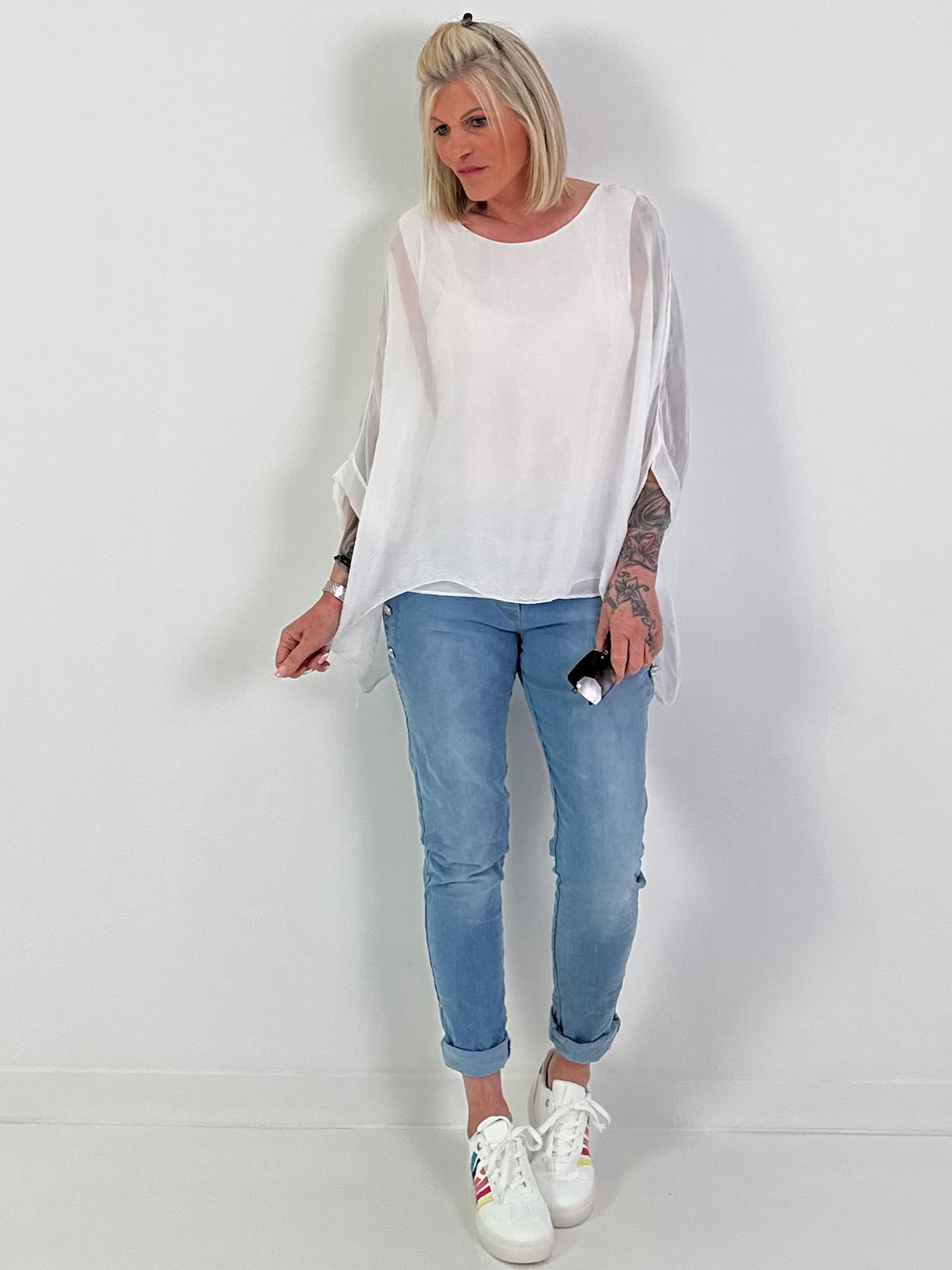 Silk tunic with integrated undershirt - white