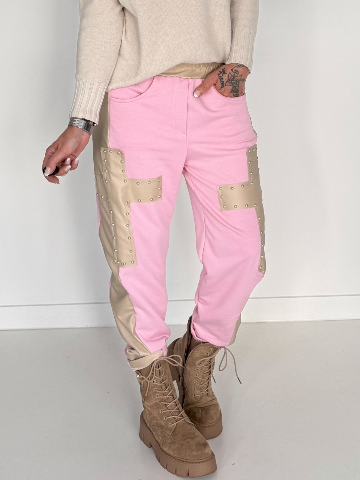Sweathose im Materialmix - rosa-beige