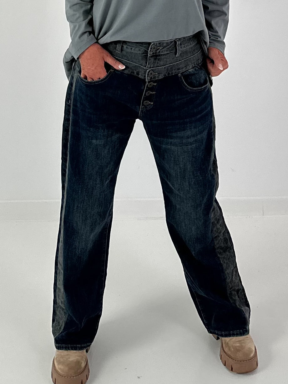 Jeans with double waistband and leopard details - denim-grey