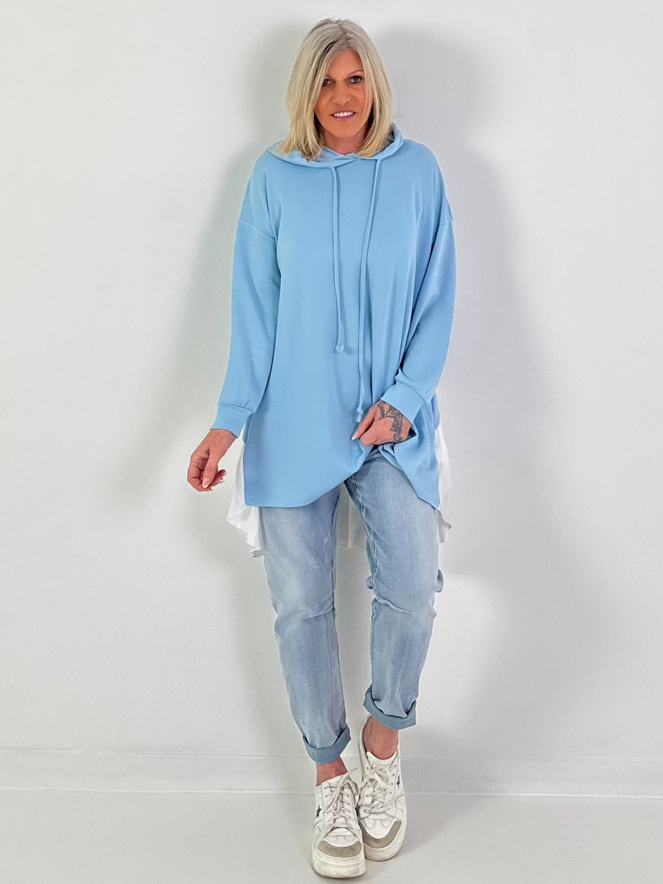 Long Hoodie mit Plissee-Einsatz - hellblau