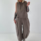 Grobes Baumwoll Top mit Rüschenkragen - taupe