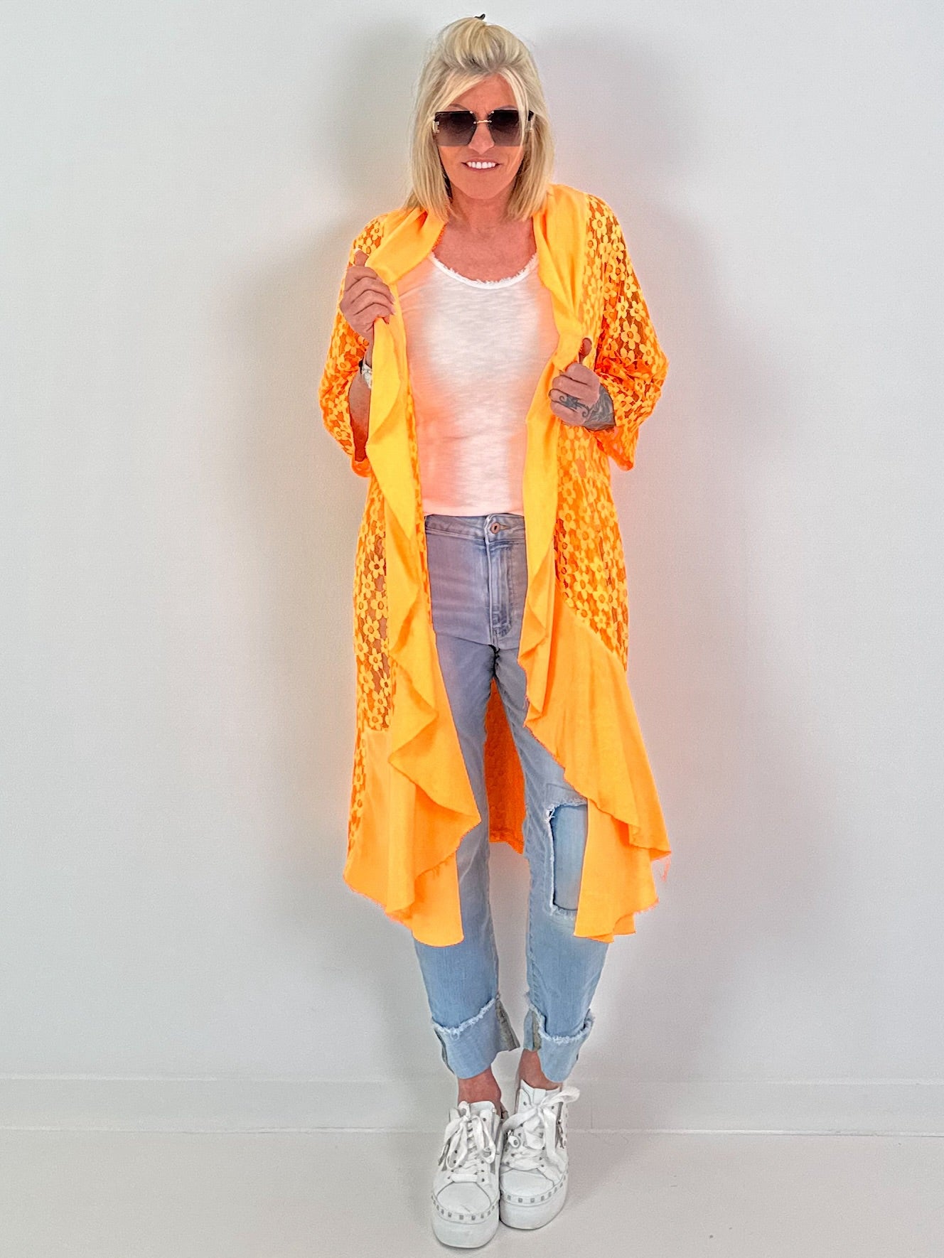 Lace coat in a material mix - neon orange