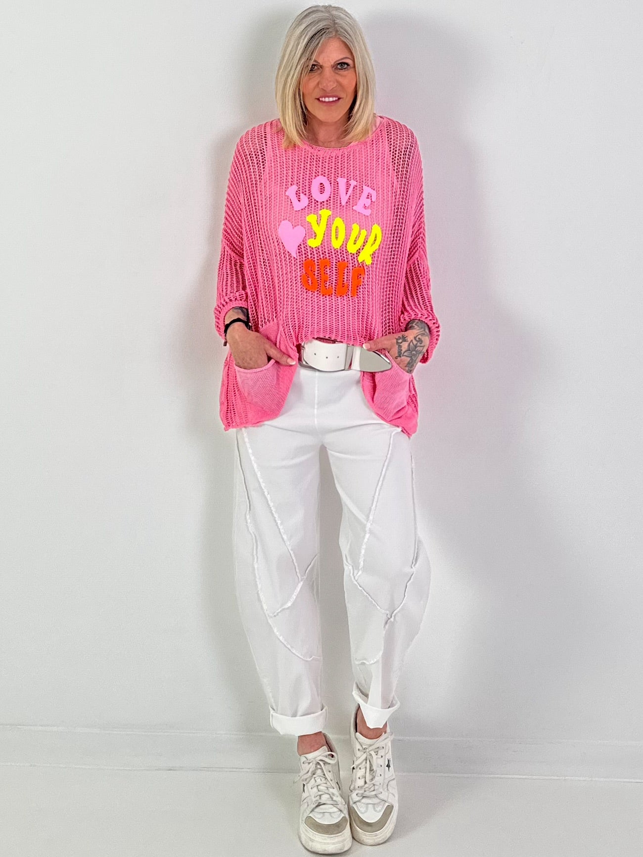 Häkelpullover love yourself - rosa