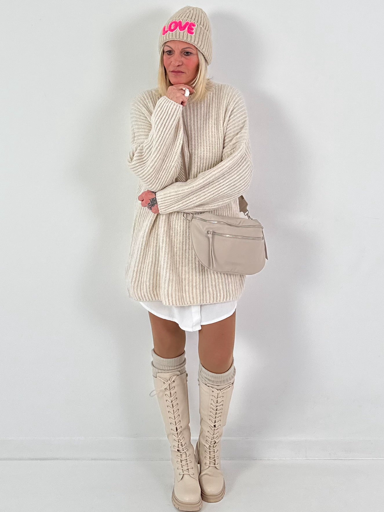 Long sweater model "Rib Relaxe" - beige