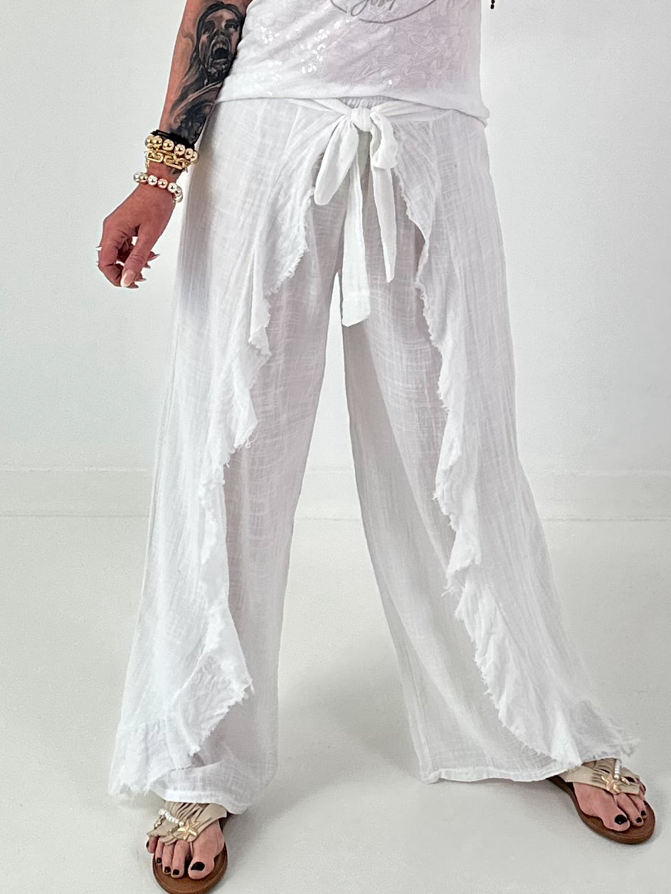 Wide Trousers with Tie Ruffle - White