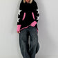 Casual long hoodie with thumbhole and trendy star elements - black