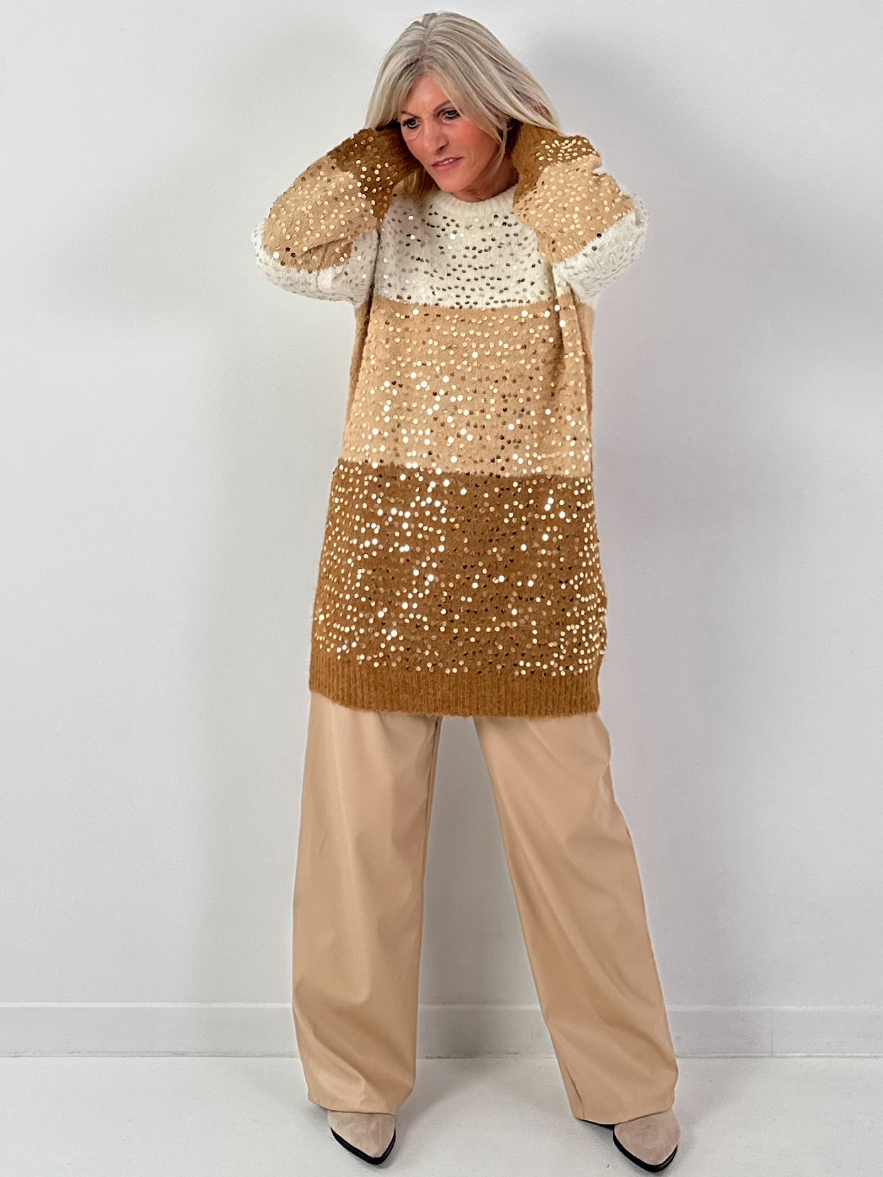 Long pullover model "Block Spark" - brown-multicoloured