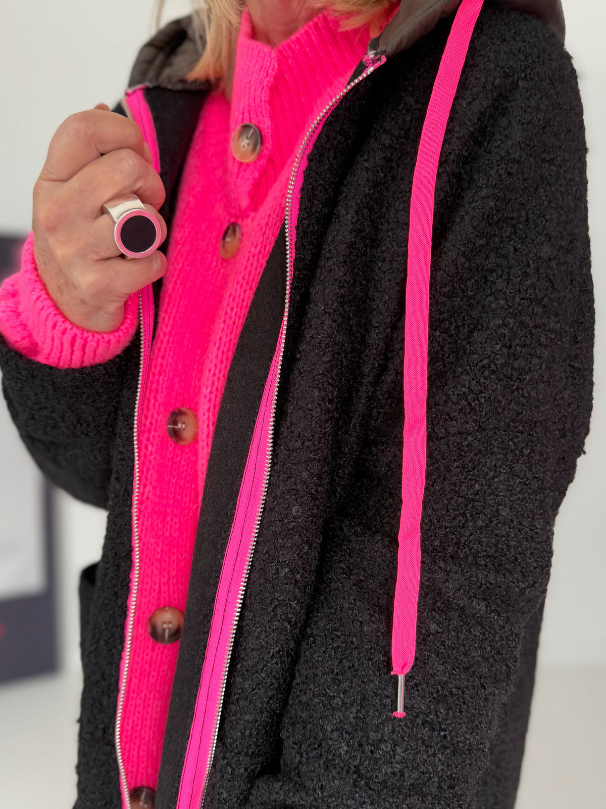 Coat with teddy curl look and neon accents - black