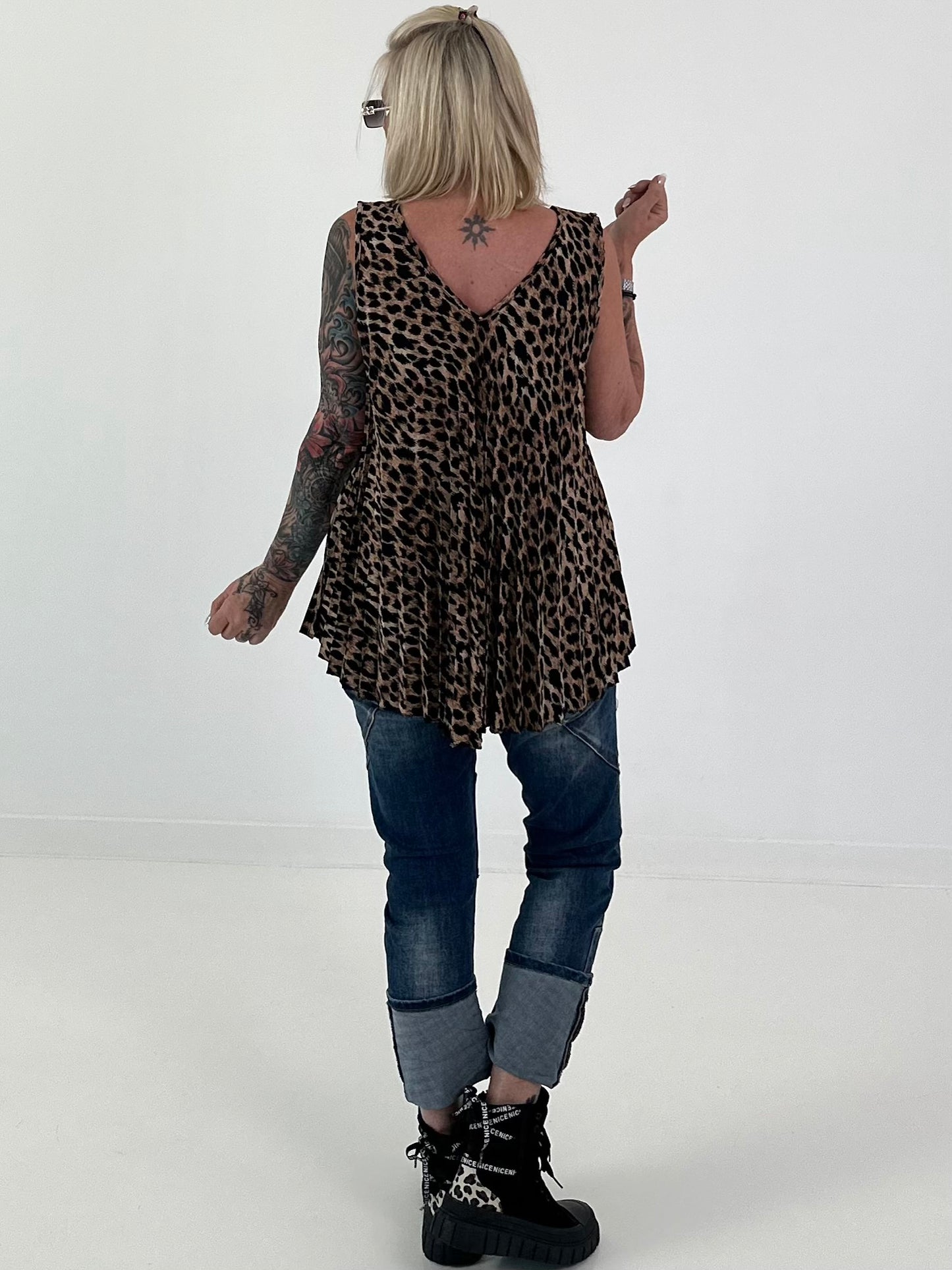 Plissee Long Top mit Leo-Print - camel-mehrfarbig