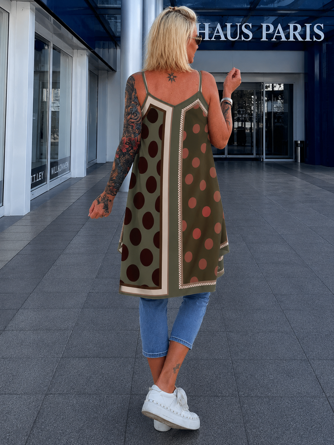 Luftiges Long Top / Kleid mit Muster - oliv-mehrfarbig