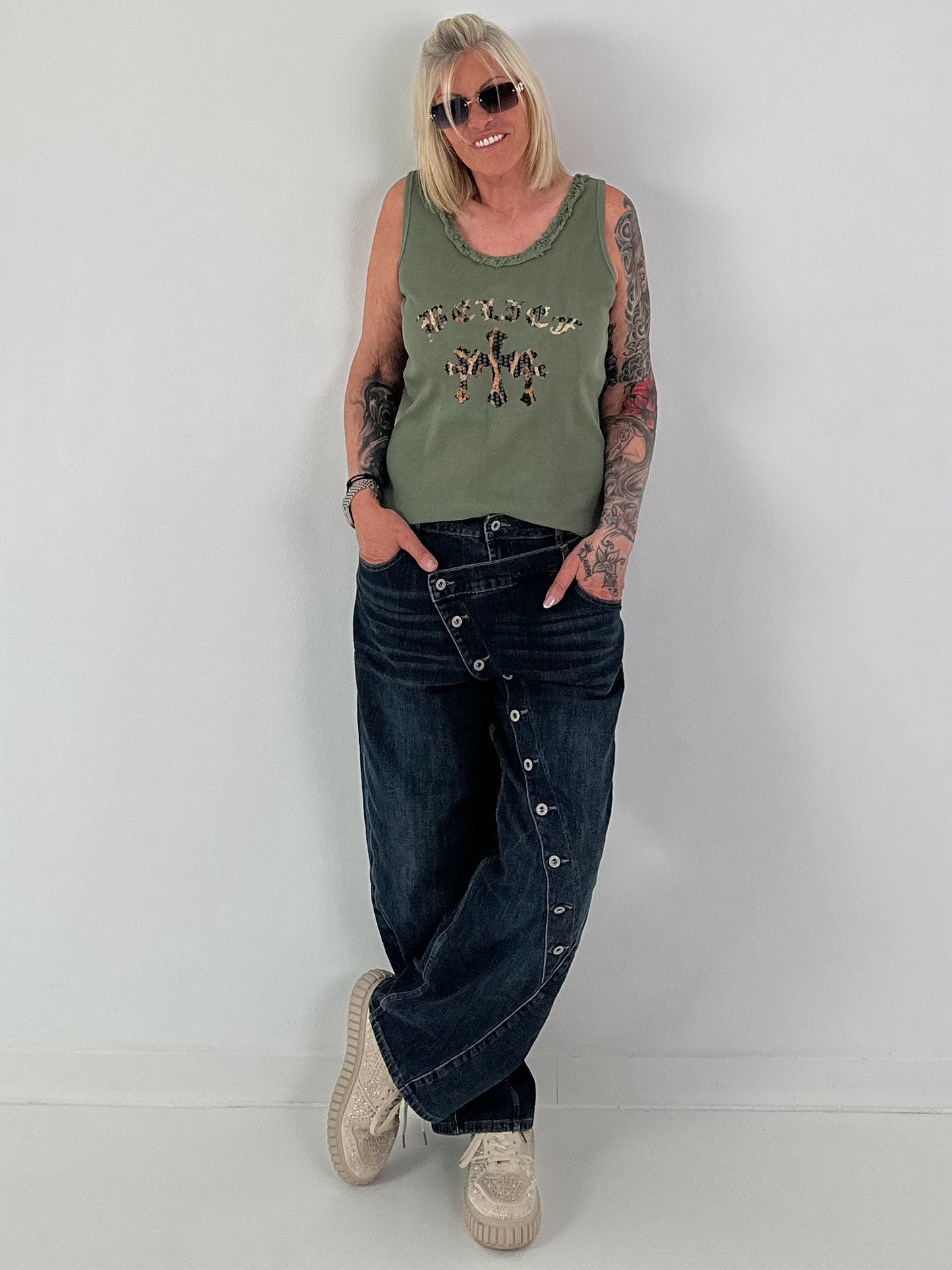 Ripp Tank Top mit Print  - oliv