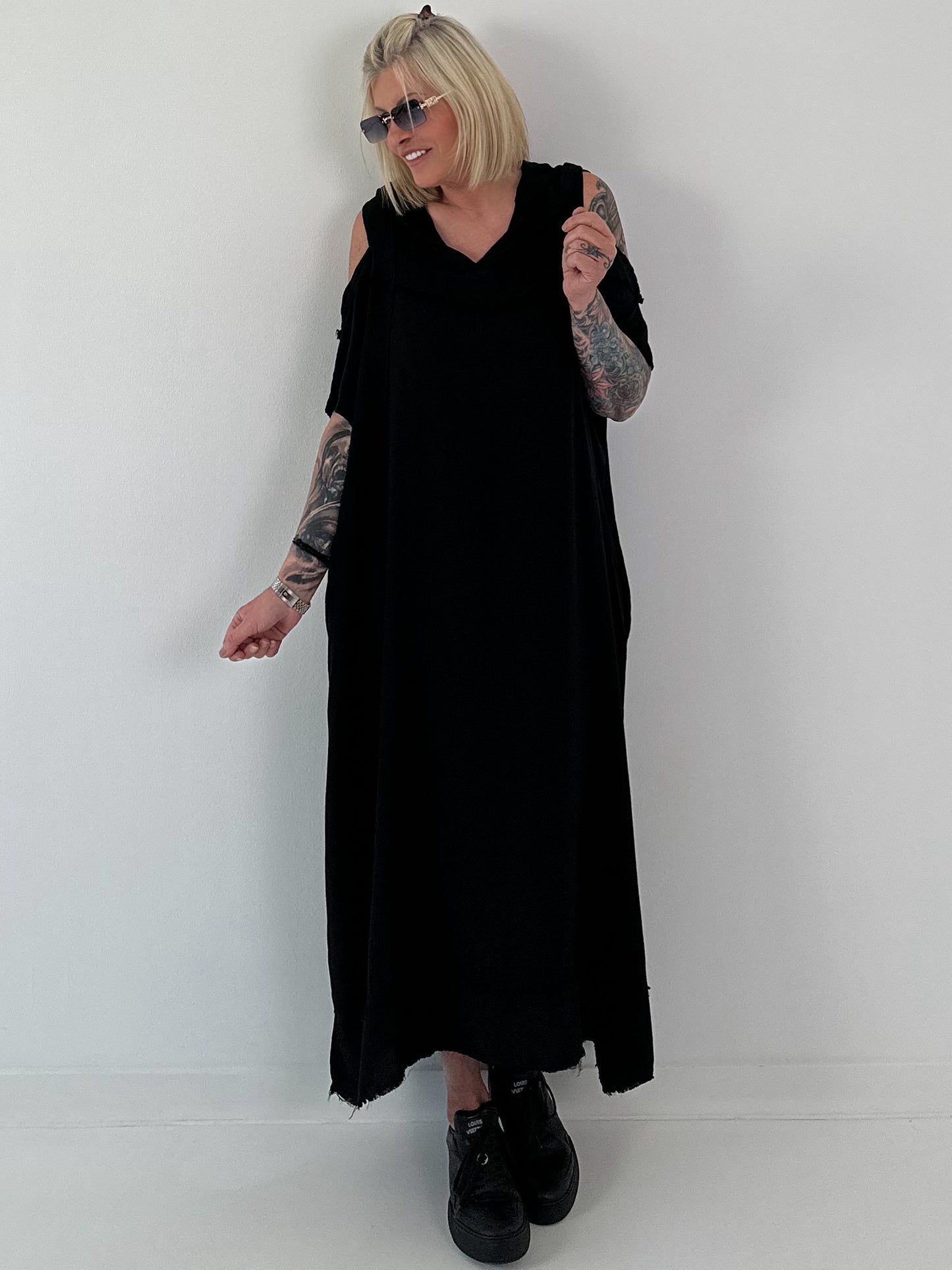 Black dress with cold shoulder and hood