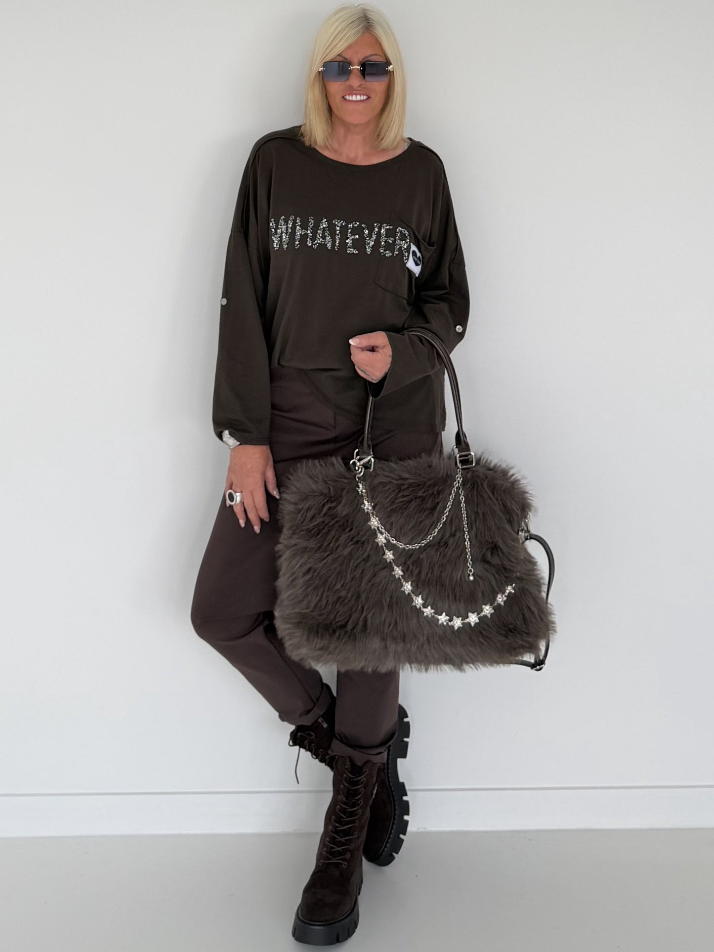 Sweater Whatever mit Strass-Details - mokka