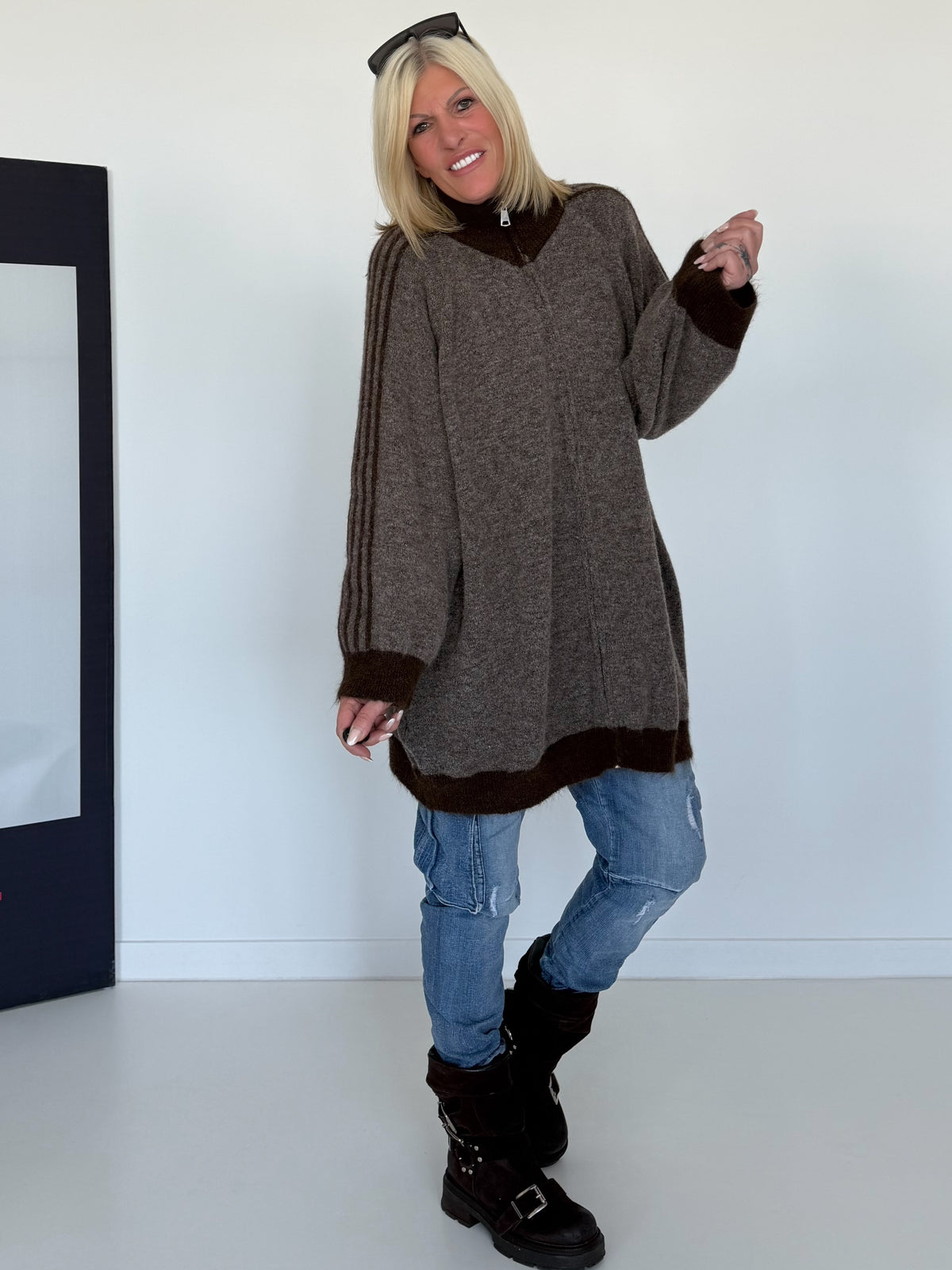 Oversized Long-Strickjacke mit Streifen - dark-chocolate-mokka
