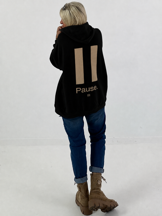 Lässiger Hoodie mit Statement Rückenprint "Pause" - schwarz