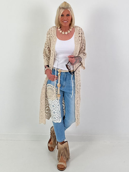 Crochet tie-waist coat - beige