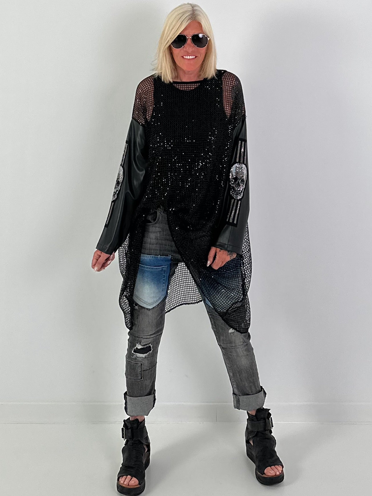 Stylish Long Mesh Shirt with Skull Details - black