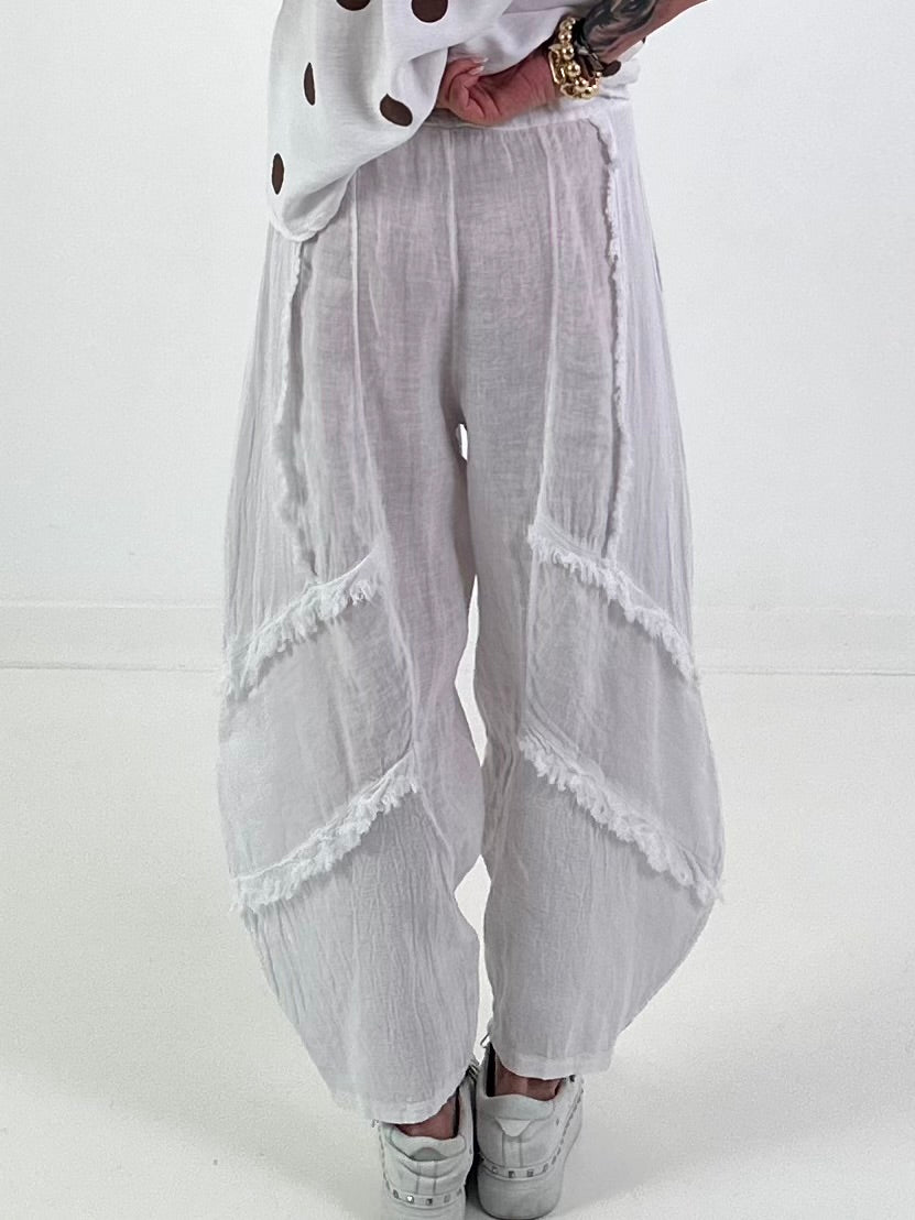 Ballon Leinen Hose mit Fransen Details - weiss